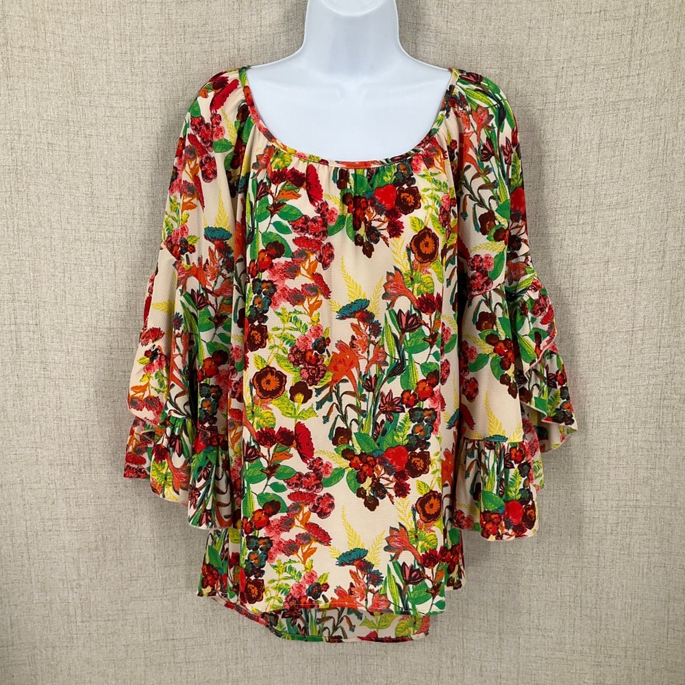 Ivy Jane‎ Blouse Womens S Multicolor Floral Bell Sleeve Boho Western Artsy Flowy